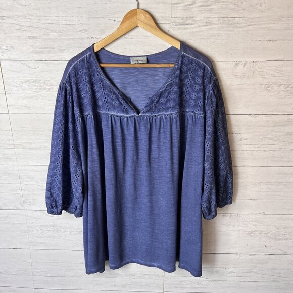 Catherines Top Womens Size 4XL Blue Eyelet Balloon Sleeve V Neck Blouse Peasant - Picture 3 of 13